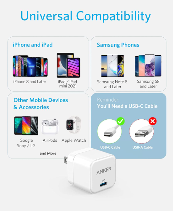 شاحن سريع USB-C أنكر باوربورت 3 بقوة 20 واط – تصميم مكعب مع قابس قابل للطي